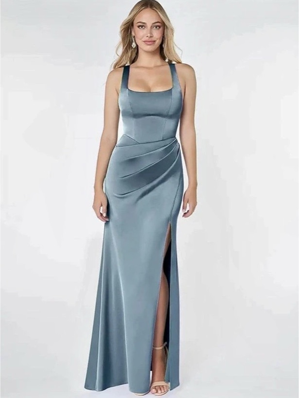 Azazie Satin Stretch Dress in Dusty Blue Like New